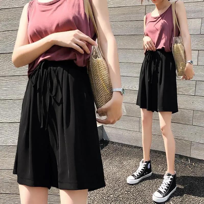 Women's Wide-leg Pants High Waist Loose and Thin Casual Five-point Shorts All-match Straight-leg Pants Loose Women's Shorts Elastic Waist