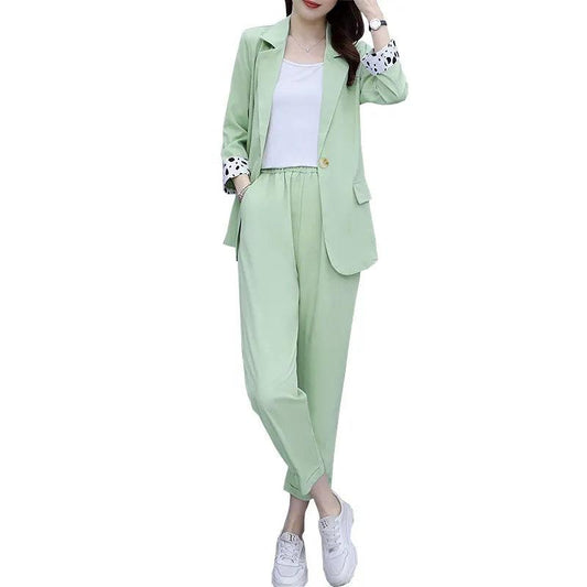 2PCS Women's Solid Color Suits Set Spring and Autumn Suit Thin Jacket + Loose Casual Pants Two-piece Large Size Fat Girl Slimming Suit