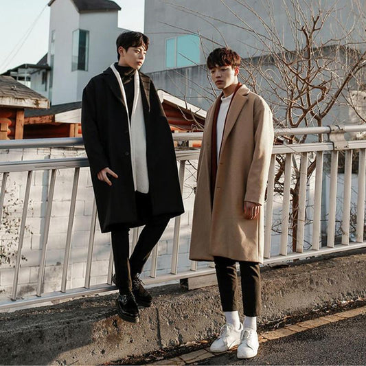 Spring and Autumn Woolen Coat Men's Korean Version Over The Knee Mid-length Men's Windbreaker Loose Double-layer Woolen Coat Trend