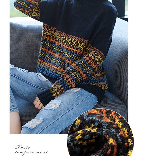 Bohemian Ladies Pullover Sweater Loose Thick Warm High Neck Sweater Vintage Printed Knitted Sweater Outer Wear Autumn Winter