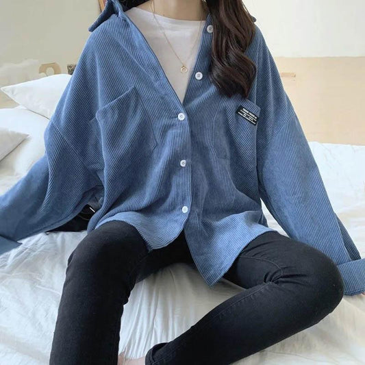 Autumn Korean Retro Corduroy Long-sleeved Loose Lazy Wind Mid-length Shirt Jacket Jacket Women