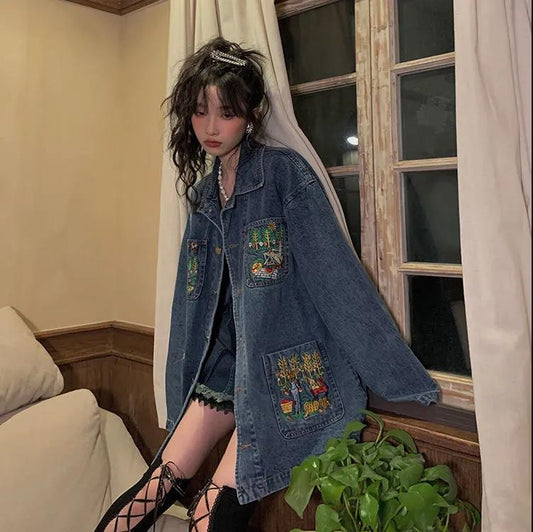 Retro Loose Embroidered Denim Jacket Women's 2022 Spring New Style Lazy Style Thin Mid-length Jacket Top Trend