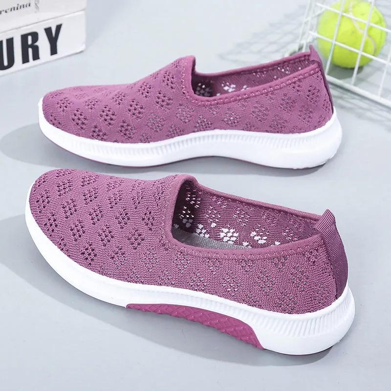 Summer Hollow Out Breathable Slip-on Flat Shoes Women's Fly-woven Mesh Shoes Middle-aged Elderly Non-slip Flat Mesh Shoes