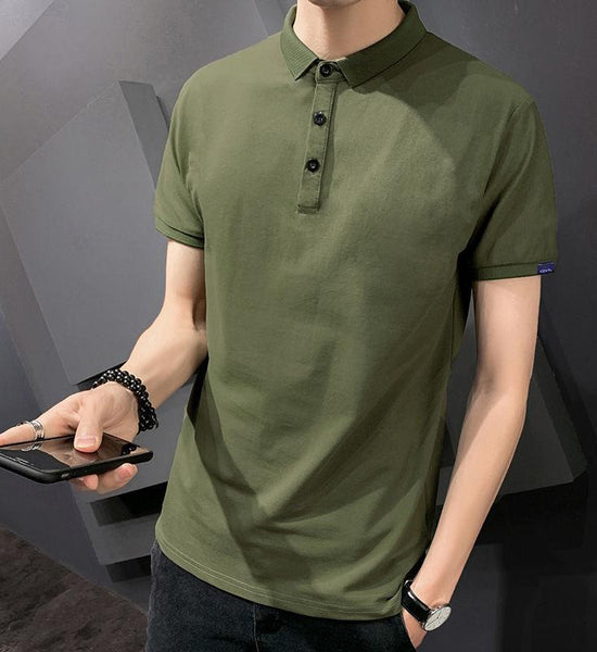 Handsome Solid Color Lapel Short-sleeved Men's  Shirt Retro All-match Casual T-shirt Breathable Paul Shirt