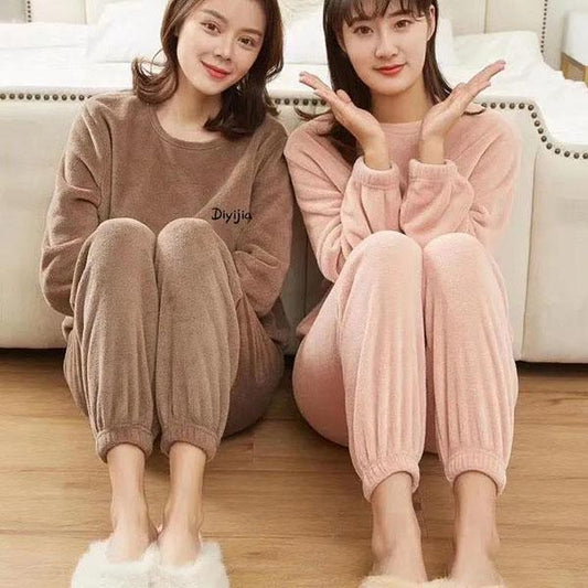 Women's Autumn and Winter Warm Pajamas Set Thickened Coral Velvet Home 2 Pieces Set Solid Color Versatile Loose Casual Long Pants Set