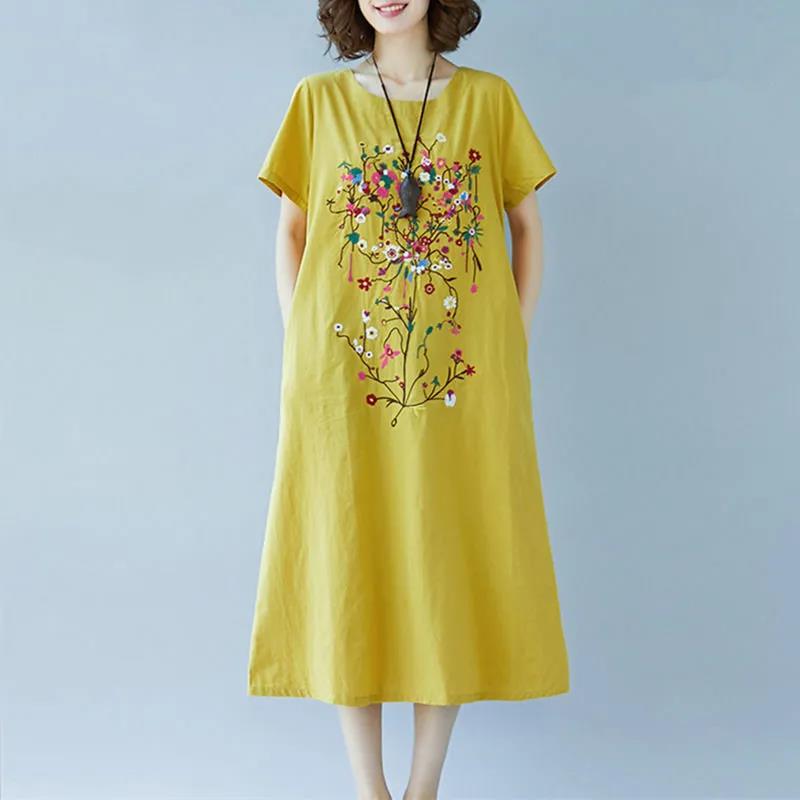 Large Size Women's Retro Loose Mid-length Dress Was Thin Ethnic Style Covering Belly Summer Dress