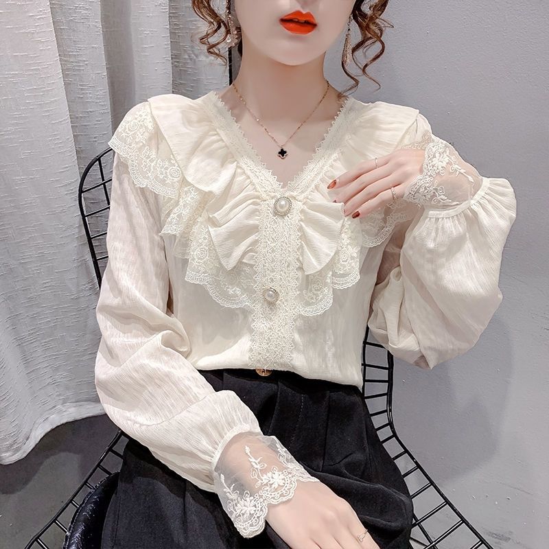 Women Summer Petal Sleeve Hollow Out Flower Lace Patchwork Shirt Slim Elegant Female Versatile Blouse Chic Button Top