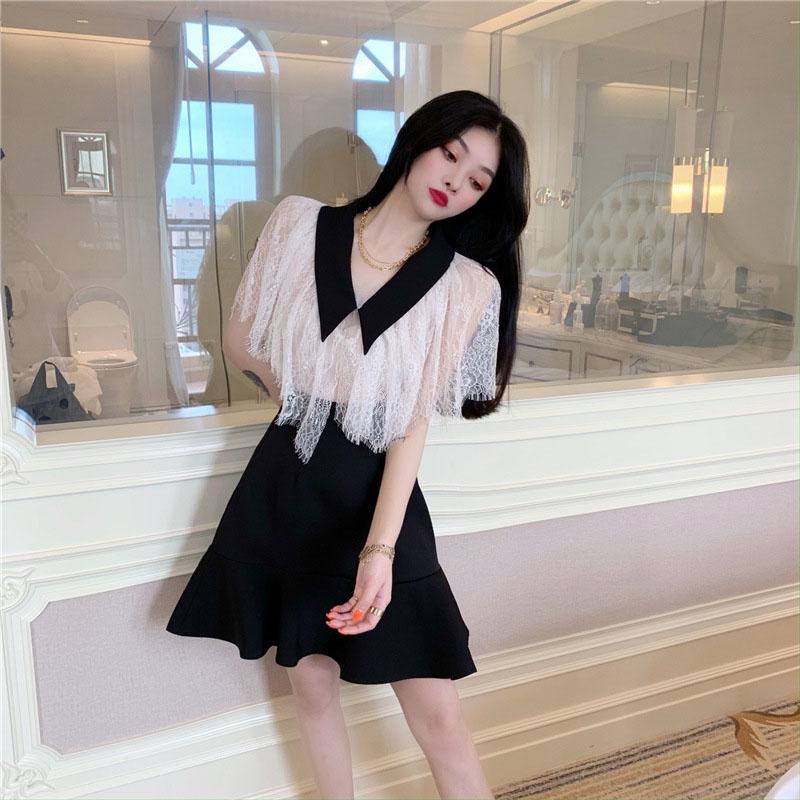 Women's Dress Large Size Summer Slim Lace Stitching Dress A-word Pleated Dress Elegant Party Dress