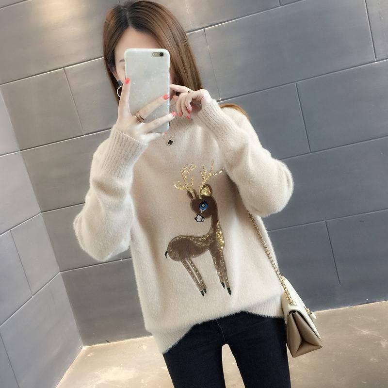 Pofulove Faux Mink Plus Velvet Thick Half Turtleneck Christmas Sweet Pullover Sweater Women Loose Autumn Winter Warm