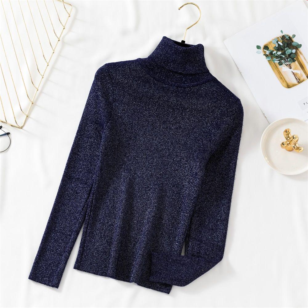 Shiny Lurex Winter Sweater Women Long Sleeve Pullover Basic Sweater Turtleneck Korean Knit Top Femme