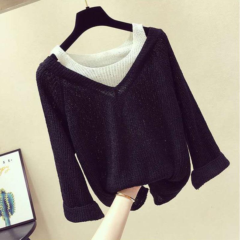 Women's Pullover Sweater Fake Two-piece Sexy Off-the-shoulder Sweater Women's Long-sleeved Loose Sweater Bottoming Top