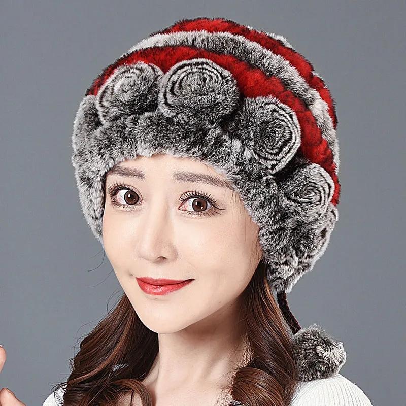 Women's Rex Rabbit Fur Hat Autumn and Winter Elegant Floral Warm Mother's Ear Cap Fur Hat Thick Bib Fur Hat All-match Ear Protection Hat