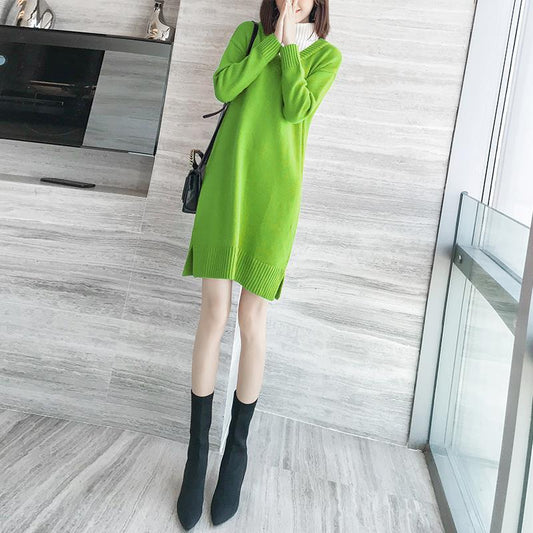 Autumn And Winter Fashion Casual Jacket Mid-length V-neck Solid Color Sweater Loose Lazy Style Dress Women