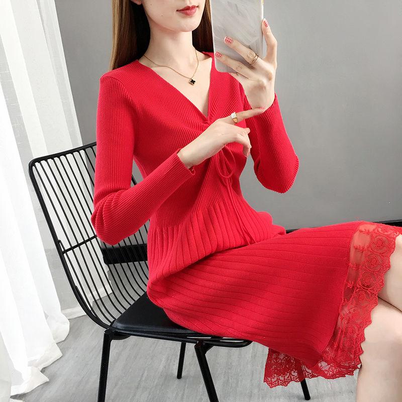 Autumn and Winter Long-sleeved Lace Base Dress Plus Size Knitted Over-the-knee Dress Fashion V-neck Women's Sweater Dress