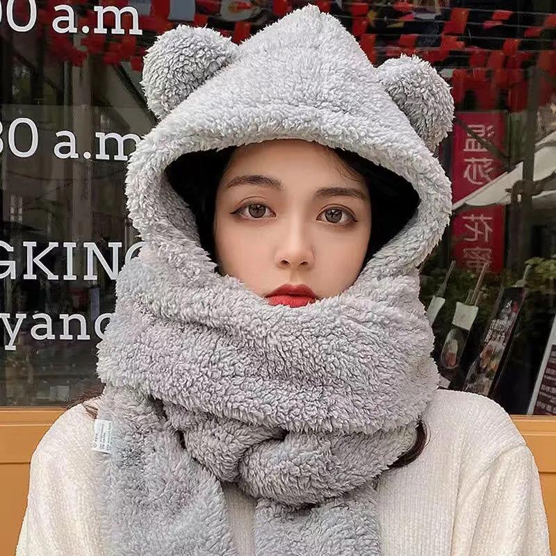 Women's Bear Ears Hat Scarf Gloves Set One-piece All-match Cute Plush Winter Scarf Hooded Cap Riding Windproof Warm Hat Face Ear Protection Hat