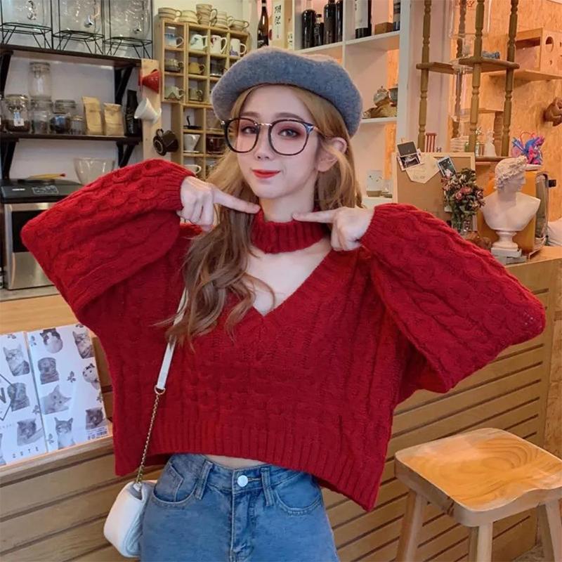 Sweater Design Knit Sweater Top Women's Autumn Winter New Short V-neck Halter Loose Knitted Sweater