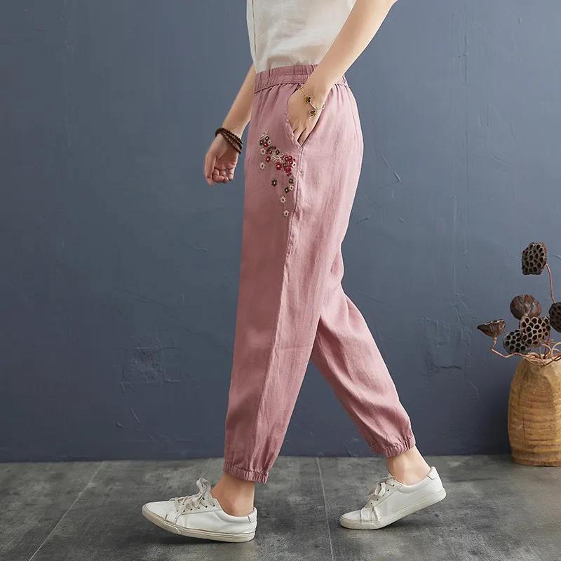 WTEMPO Cotton Retro Flower Embroidery Women Spring and Summer Loose Solid Color Casual Trousers