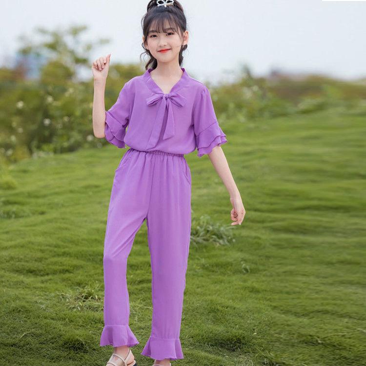 Girls' Set Summer Thin Korean Short Sleeve Pants Two Piece Set Bow Tie Ruffle Loose Suit Casual Wear