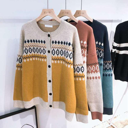 Spring Autumn Vintage Jacquard Round Neck Knitted Cardigan Women's Wild Plus Size Sweater Coat