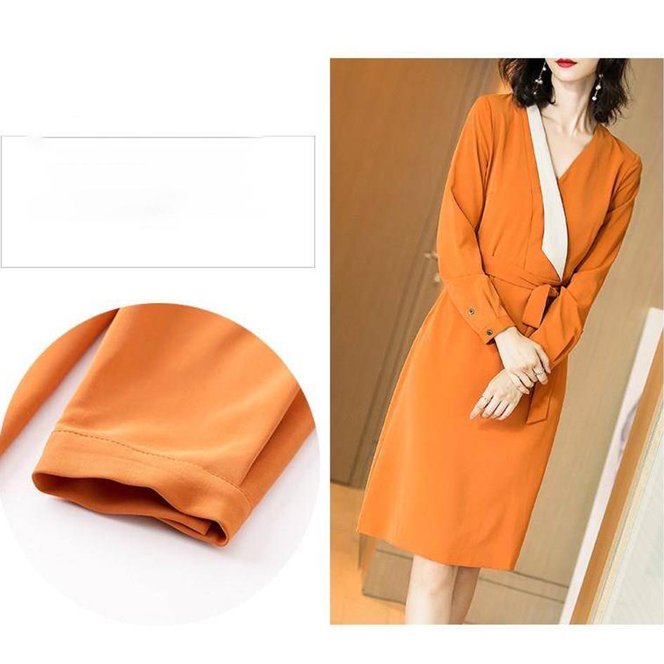 Autumn Dress Slim V-neck Short Women's Temperament Waistband Stitching Long-sleeved Dress