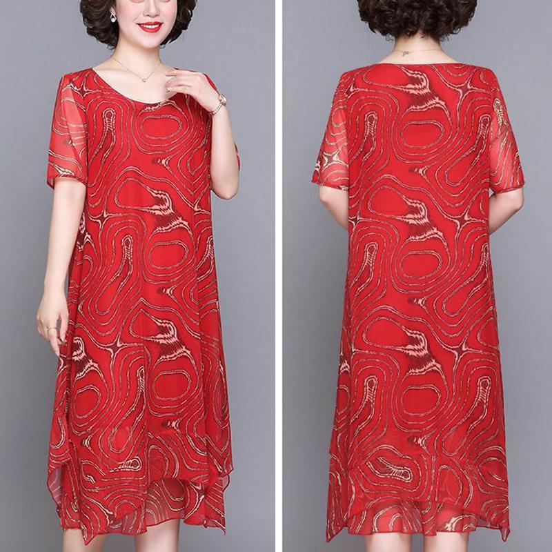 L-XXXXXL Plus Size Mom's Summer Chiffon Dress Mid-length  Printed Over-the-knee Skirt