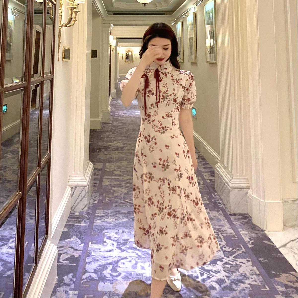 Female Improved Cheongsam Vintage Holiday Fairy Dress Slim Light Mature Style Elegant Stand-collar Floral Print Dress