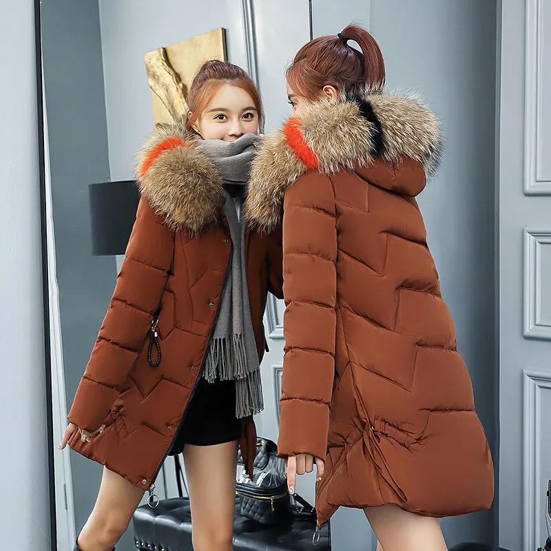 Down Jacket Winter Ladies Fashion Korean Big Fur Collar Thick Warm Hooded Mid-length Plus Size Cotton Jacket