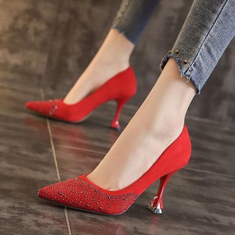 High Heels Female Pointed Toe Black Professional Job Small Fresh High Heels Female Stiletto Red Wedding Shoes