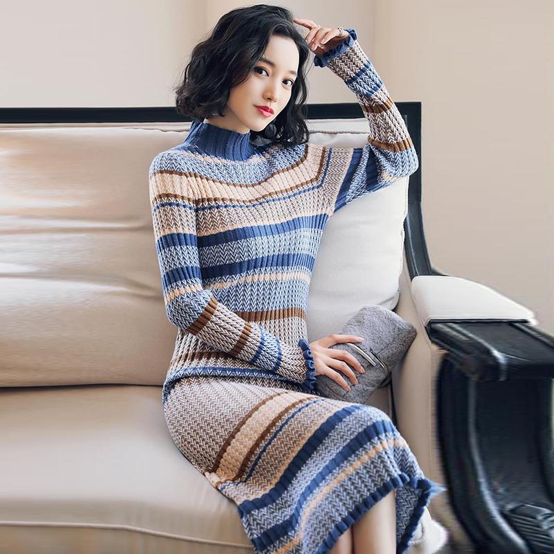 Mid-length Knitted Dress French Retro Dress Bottoming Turtleneck Sweater Dress Over The Knee 2021 Autumn and Winter Women