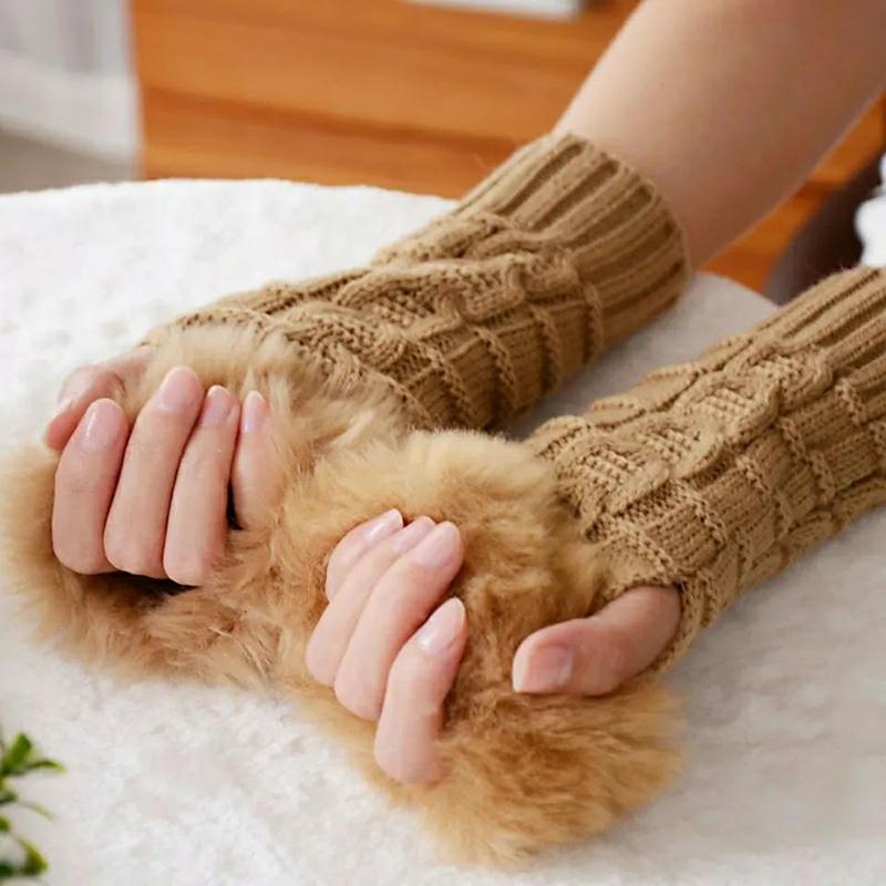 Women's Winter Plush Gloves Woolen Knitted Thickened Arm Sleeves Fake Sleeves Fingerless Mittens Half-finger Lengthened Hand Wrist Warmer Gloves