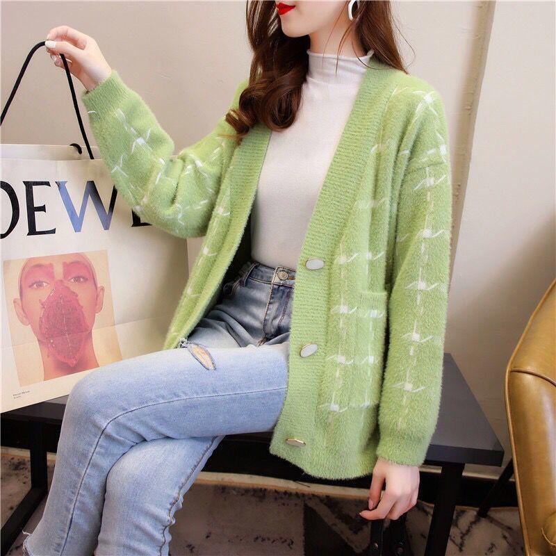 Autumn and Winter Mohair Cardigan Jacket Wild Loose V-neck Shirt Button Fashion Women's Top