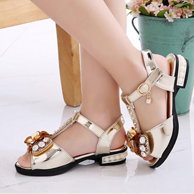 Princess Girls High Heels Flat Sandals Flash Child Girls Bow Leather Shoes Kids Dance Shoes Wear-resistant Non-slip Baby Gold Sandals Size 26-36