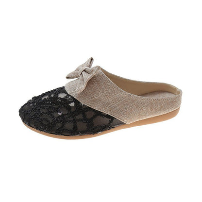 Lace Closed-toe Half Slippers Female Summer Hollow Linen Woven Loafers Lazy Outer Wear Sandals and Slippers