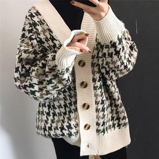 Winter Lattice Knitting Cardigan Casual Preppy Style Sweater Jumper Jacket Coat Outwear