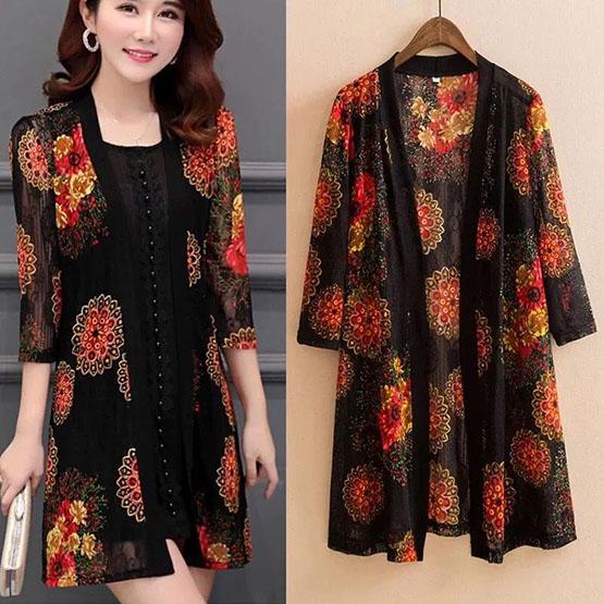 M-5XL Women's Spring and Summer Plus Size Lace Cardigan Female Printed Mid-length Shawl Slim Hollow-carved Design Thin Coat