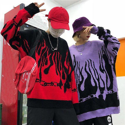 Korean Loose Couple Knit Sweater for Men Women Flame Printing Hip-hop Round Neck Pullover Sweater Unisex Thick Knitwear Street Wear for Students Youth