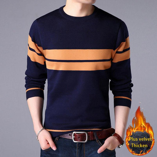 Men's Long-sleeved Pullover Plus Velvet Padded Sweater Autumn and Winter Round Neck Striped Bottoming Shirt Youth Top