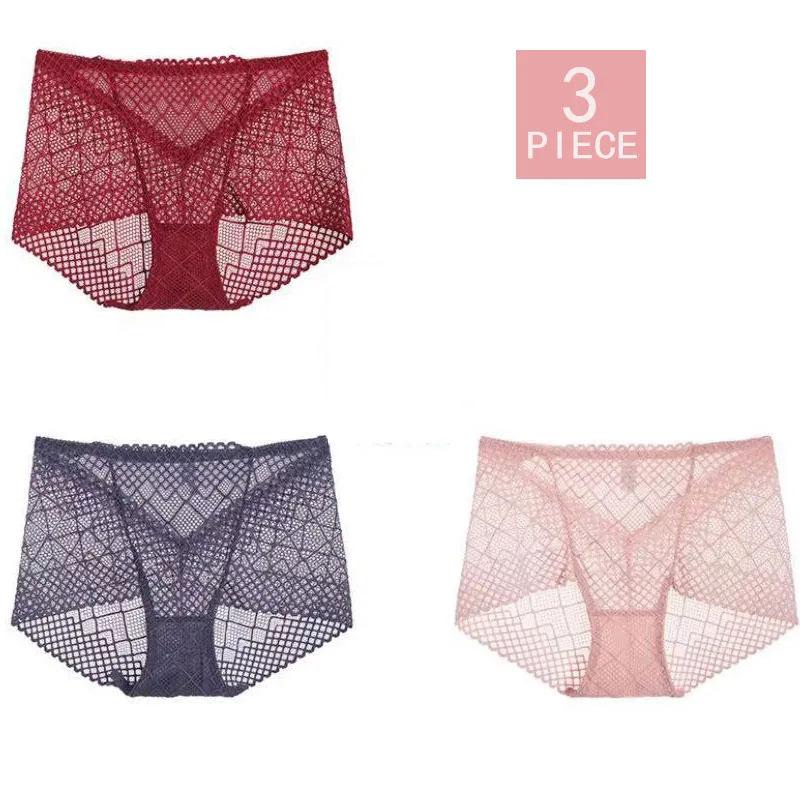 3-pack of Large Size Lace Sexy Panties Women's Ice Silk Transparent Seamless Underwear Antibacterial Cotton Crotch Briefs Hollow Out Panties