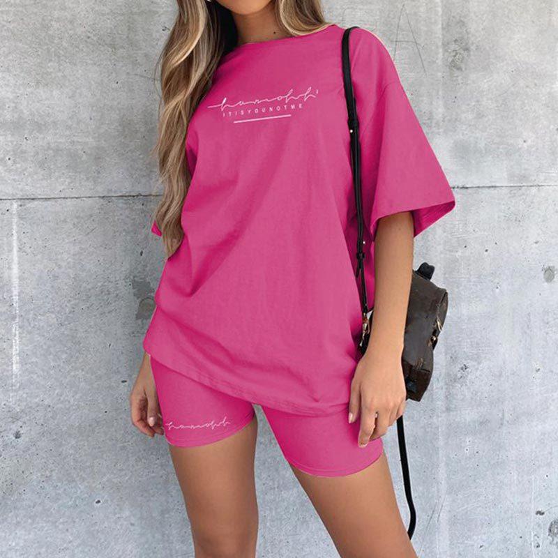 2PCS Summer Women's Sports Suit T-Shirt Letter Crew Neck Short Sleeve Top Shorts Casual Two Piece Suit Athletic Clothing Sets