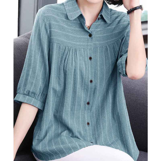 Cotton Striped Five-point Sleeve Shirt Women's Loose Mother Short-sleeved Shirt Middle-aged Women's Top Trendy