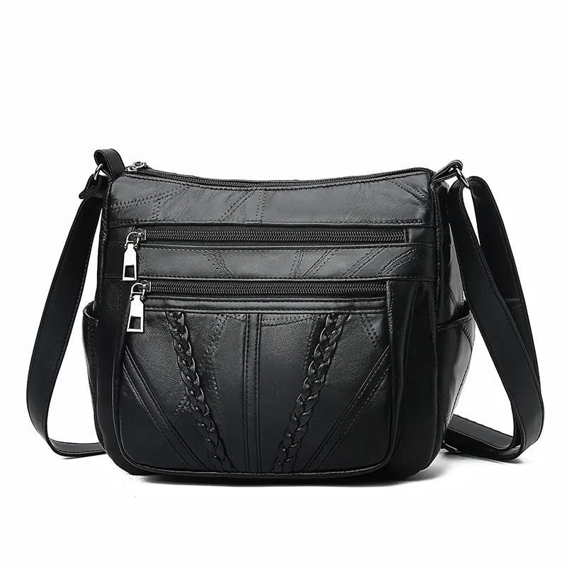 Black PU Leather Women Multi-Layer Crossbody Bags Portable Large Capacity Classic Soft Surface