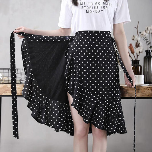 Women's Summer Large Size Wrap Skirt Female Casual Chiffon One-Piece Lace-Up High Waist Irregular Ruffle Loose Polka Dot Skirts