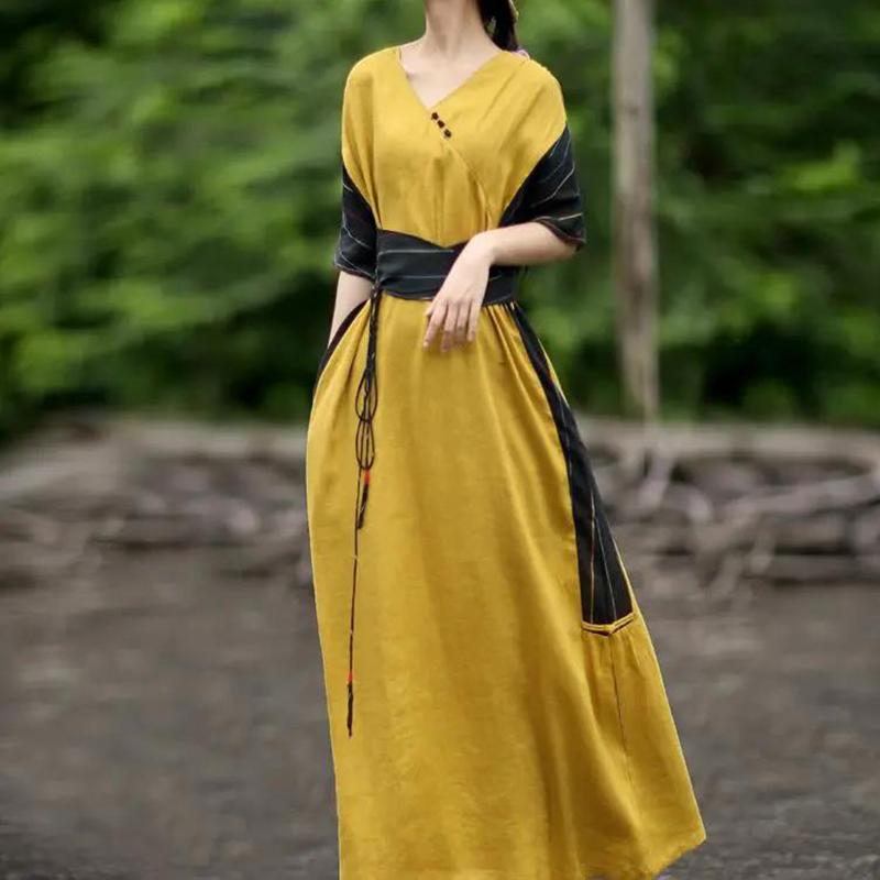 Summer Imitation Cotton and Linen Dress Women's Literary Color Matching Retro Long Skirt Slim Slim Dress