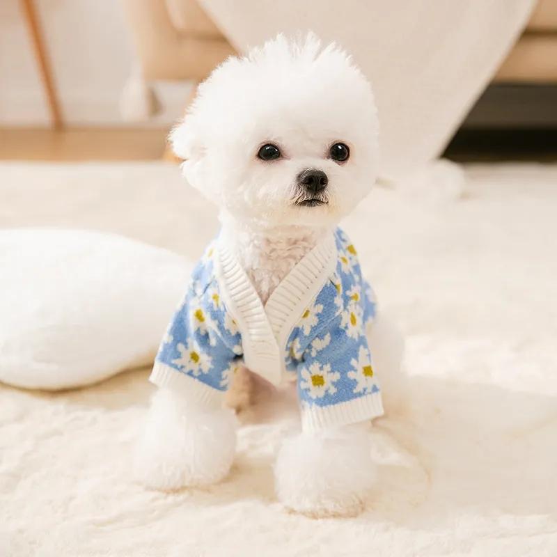 Dog's Sweater Cute Flowers Kitten Clothes Cat's Knitwear Autumn and Winter Outerwear Puppies Teddy Bichon Hiromi Pet Floral Sweater 2 Legs Cardigan