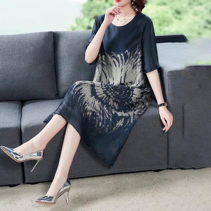 Printed Round Neck Imitation Ice Silk Loose Casual Short-sleeved Mid-length Summer Loose and Thin Dress Women's Straight Version Large Size Dress