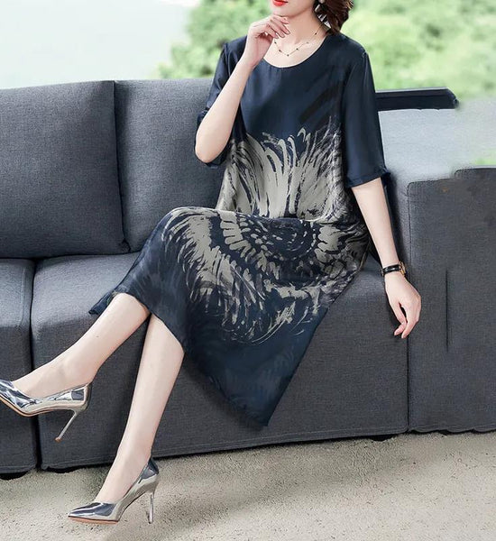 Printed Round Neck Imitation Ice Silk Loose Casual Short-sleeved Mid-length Summer Loose and Thin Dress Women's Straight Version Large Size Dress