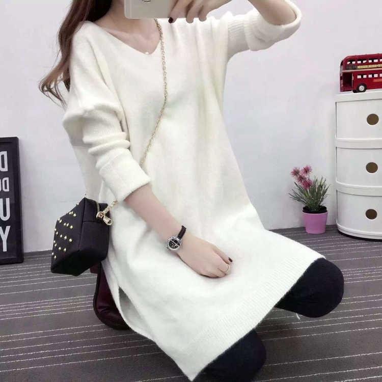 Ashion Winter Autumn Womens Sweaters Casual Long Sleeve Knitted Jumper V Neck Sweaters Dress