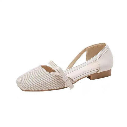 Bowknot Gentle Shallow Mouth Square Toe Soft Sole Comfortable Single Shoes Women's Soft Surface All-match Flat Toe Cap Sandals