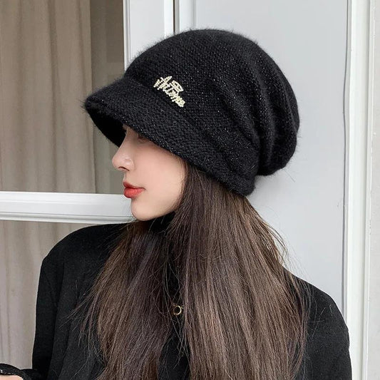 Women's Autumn Winter All-match Korean Version Warm Pile Hat Knitted Woolen Hat Solid Knitting Hat with Brim Rabbit Hair Blend Rhinestone Hat