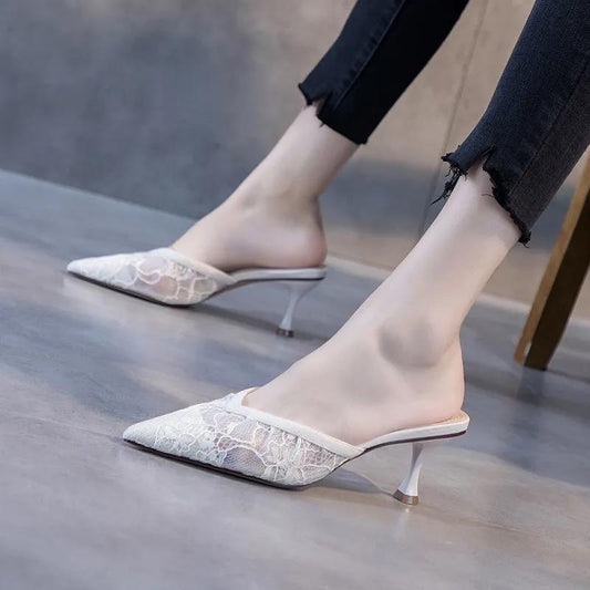 Hollow Half Slippers Women's Summer Fashion Wear Mesh Gauze All-match Pointed Toe Stiletto Sexy High Heels